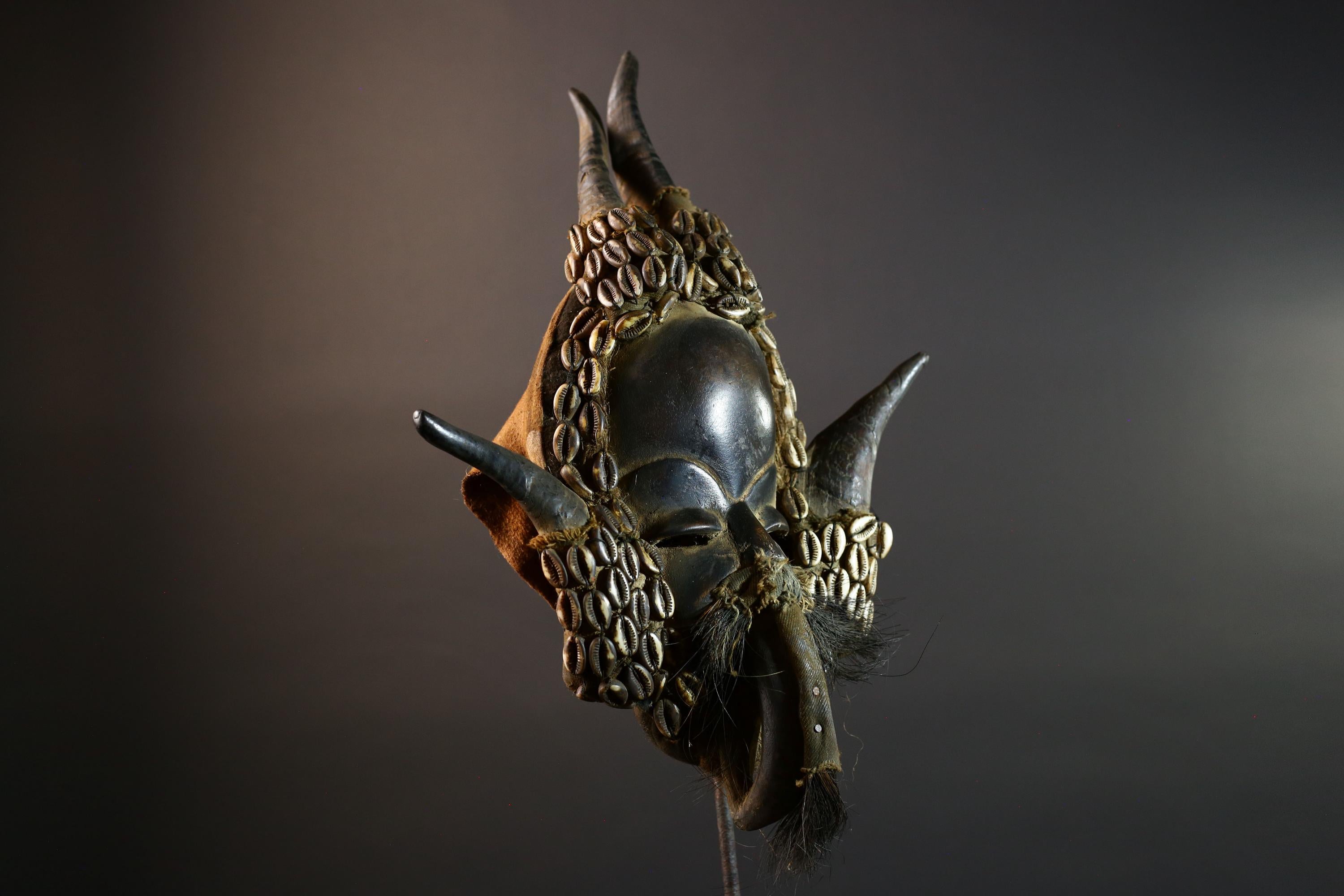 African Dan Mask Antelope Horn Headdress Carved Wood Tribal Face Côte d’Ivoire Wall Art Cowrie Shell Beard Decor-G5672