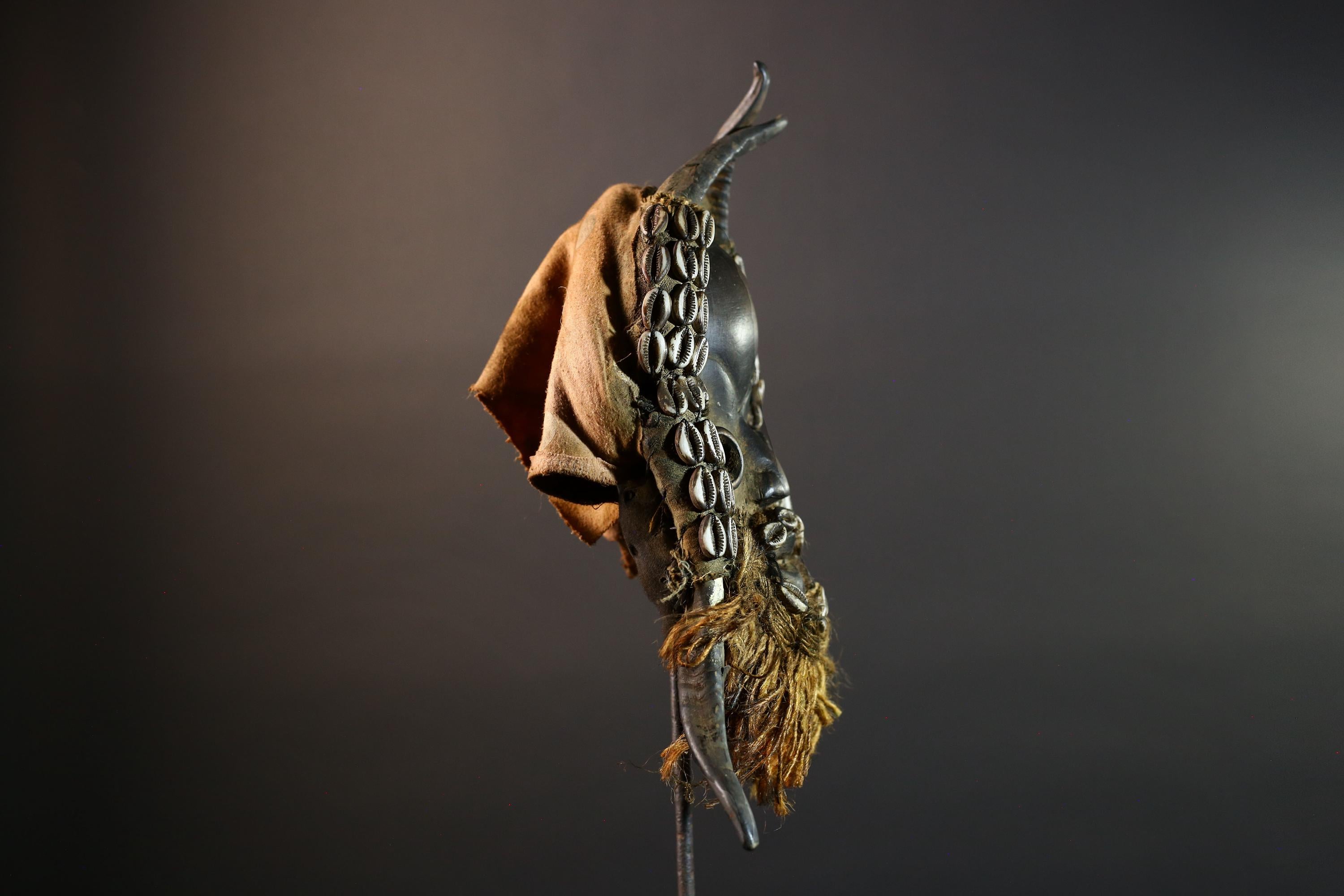 African Dan Mask Cowrie Shells Wood Face Antelope Horns Raffia Beard Tribal Art Decor from Liberia | Authentic Cultural Relic-G5673