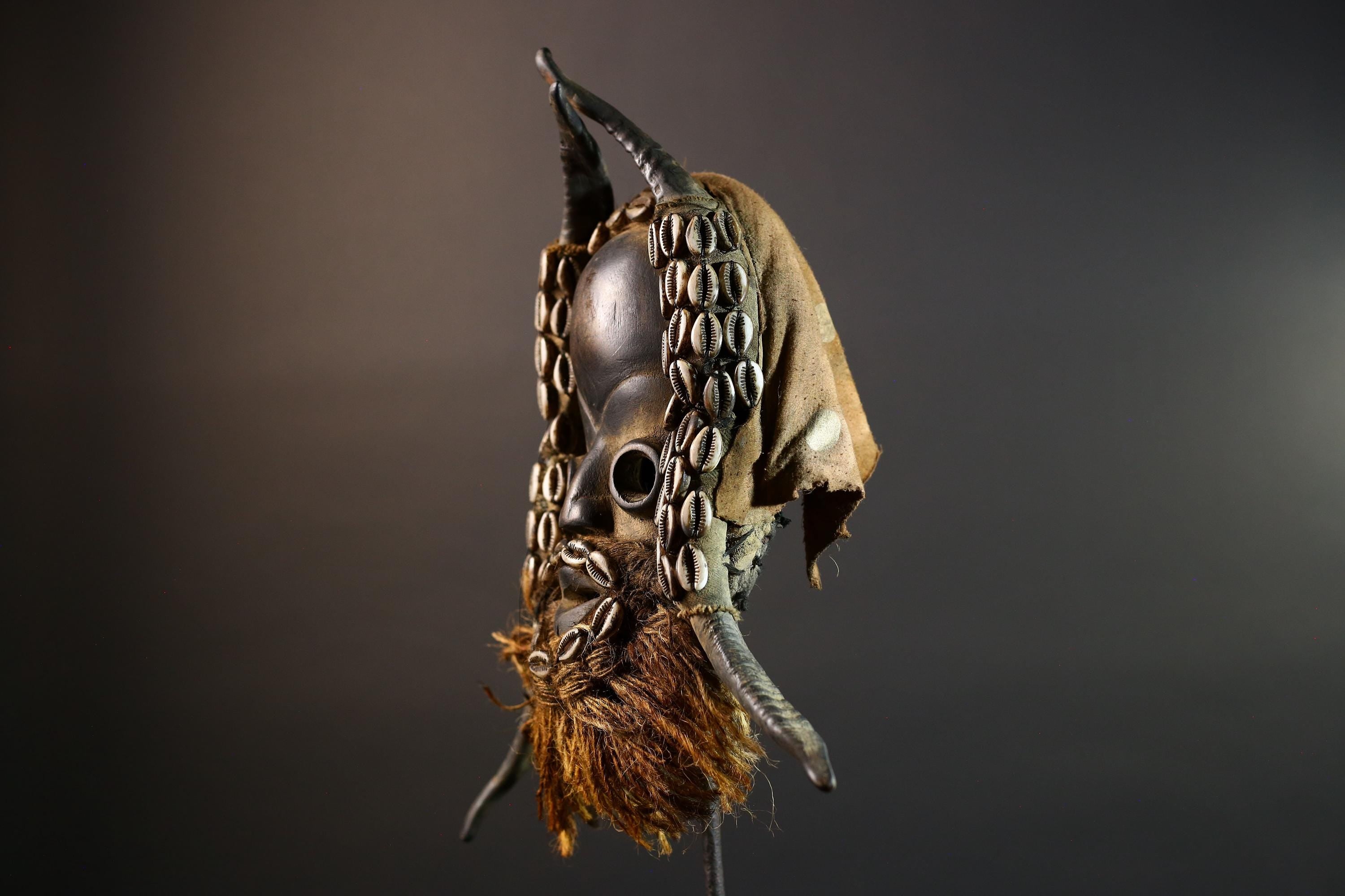 African Dan Mask Cowrie Shells Wood Face Antelope Horns Raffia Beard Tribal Art Decor from Liberia | Authentic Cultural Relic-G5673