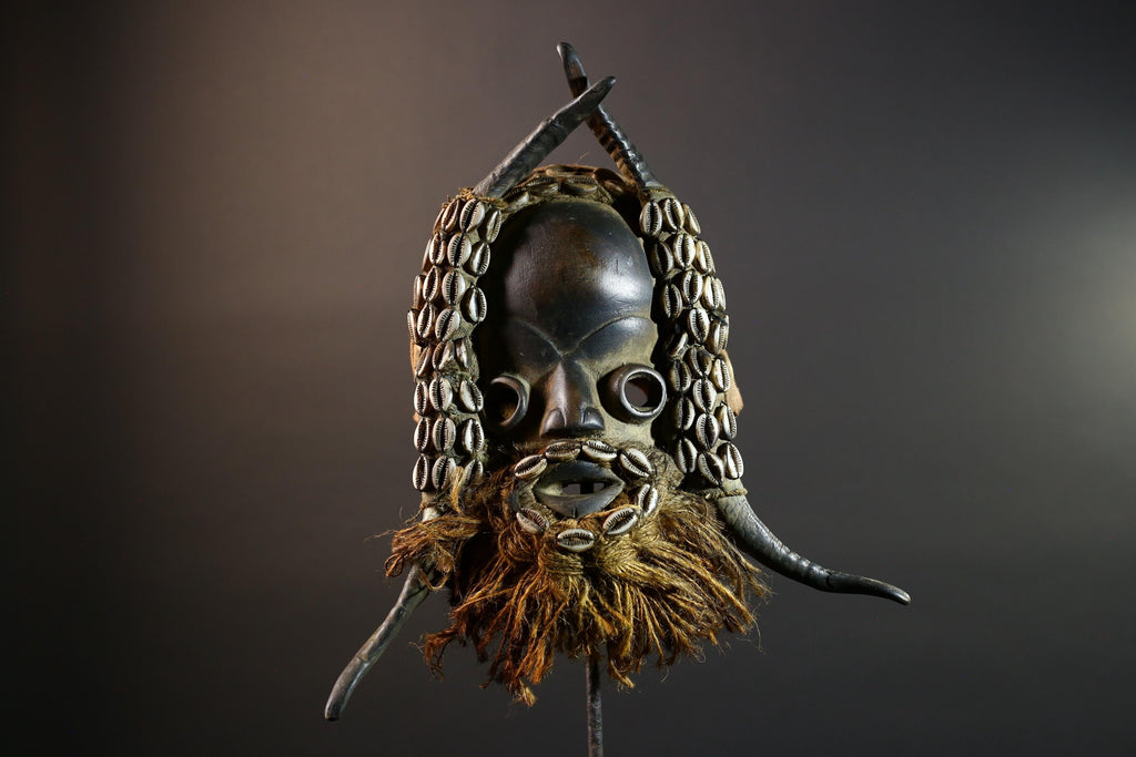 African Dan Mask Cowrie Shells Wood Face Antelope Horns Raffia Beard Tribal Art Decor from Liberia | Authentic Cultural Relic-G5673
