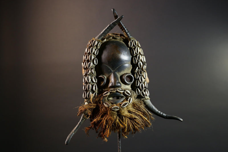 African Dan Mask Cowrie Shells Wood Face Antelope Horns Raffia Beard Tribal Art Decor from Liberia | Authentic Cultural Relic-G5673