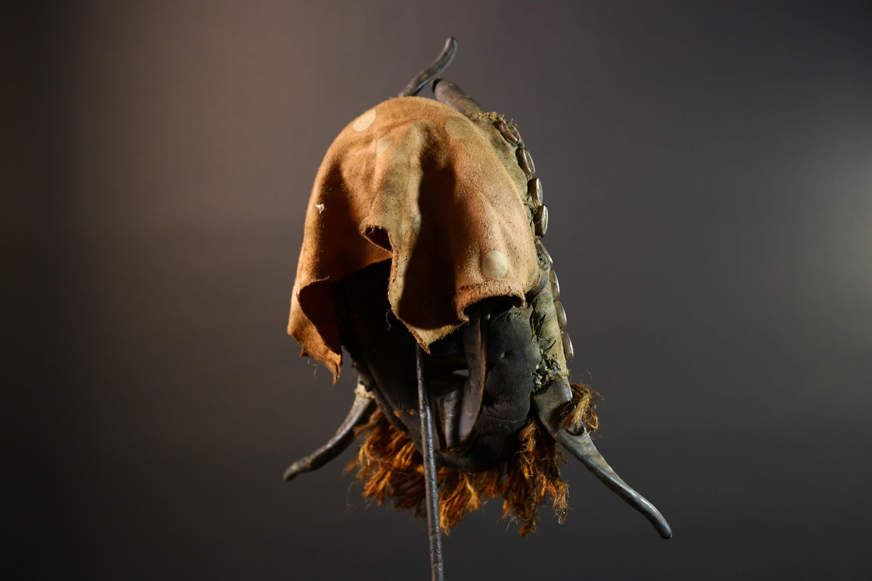 African Dan Mask Cowrie Shells Wood Face Antelope Horns Raffia Beard Tribal Art Decor from Liberia | Authentic Cultural Relic-G5673