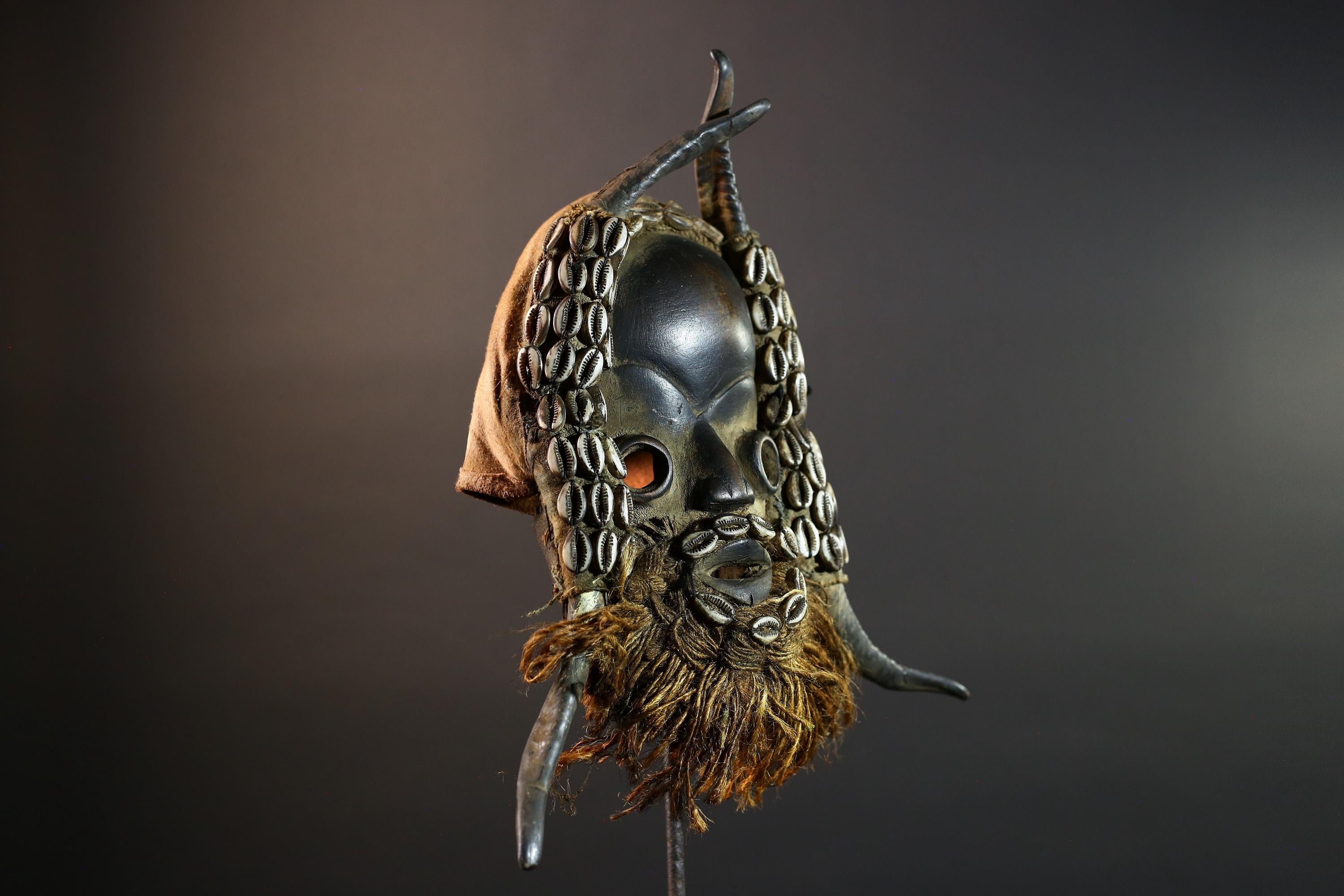 African Dan Mask Cowrie Shells Wood Face Antelope Horns Raffia Beard Tribal Art Decor from Liberia | Authentic Cultural Relic-G5673