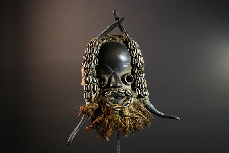 African Dan Mask Cowrie Shells Wood Face Antelope Horns Raffia Beard Tribal Art Decor from Liberia | Authentic Cultural Relic-G5673