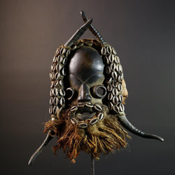African Dan Mask Cowrie Shells Wood Face Antelope Horns Raffia Beard Tribal Art Decor from Liberia | Authentic Cultural Relic-G5673