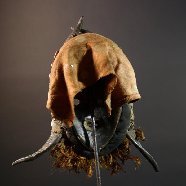 African Dan Mask Cowrie Shells Wood Face Antelope Horns Raffia Beard Tribal Art Decor from Liberia | Authentic Cultural Relic-G5673