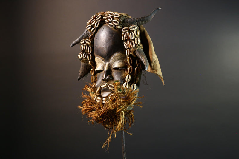 African Dan Mask Horns Cowrie Shells Tribal Wood Face with Raffia Beard and Cloth | Authentic West African Mask Decor from Liberia-G5674