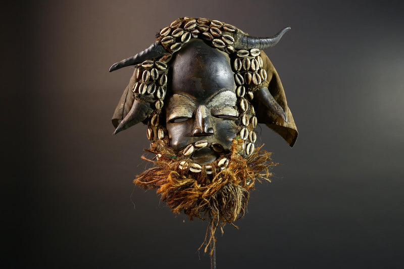 African Dan Mask Horns Cowrie Shells Tribal Wood Face with Raffia Beard and Cloth | Authentic West African Mask Decor from Liberia-G5674