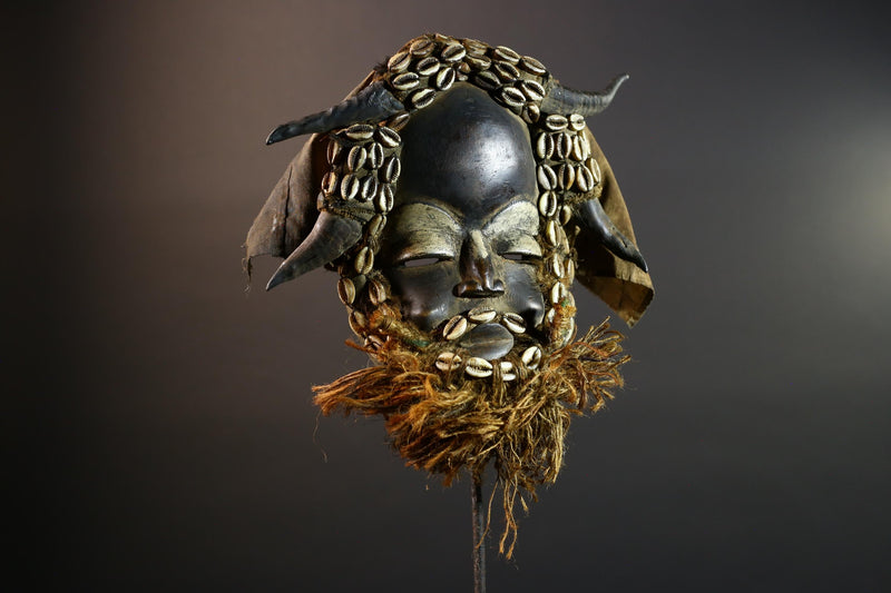 African Dan Mask Horns Cowrie Shells Tribal Wood Face with Raffia Beard and Cloth | Authentic West African Mask Decor from Liberia-G5674