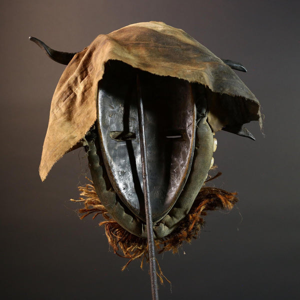African Dan Mask Horns Cowrie Shells Tribal Wood Face with Raffia Beard and Cloth | Authentic West African Mask Decor from Liberia-G5674