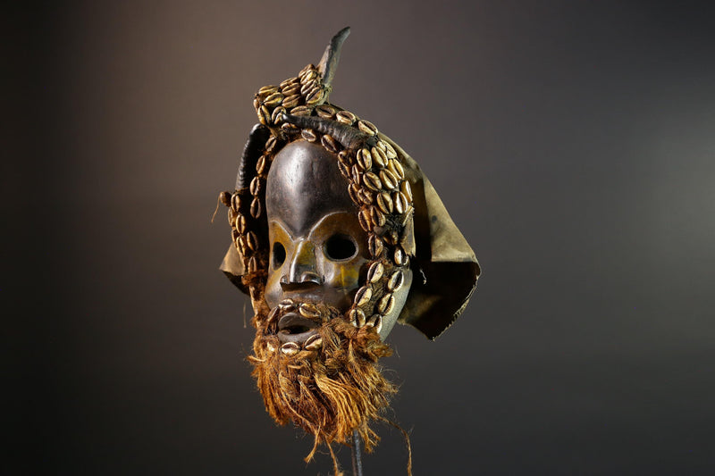 African Dan Mask Cowrie Shells Raffia Beard Antelope Horns Carved Wood Face Cloth Hood Tribal Art Decor from Liberia Genuine Relic-G5675