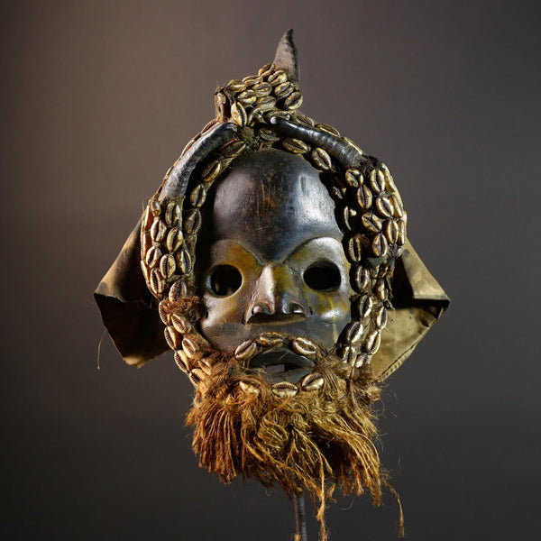 African Dan Mask Cowrie Shells Raffia Beard Antelope Horns Carved Wood Face Cloth Hood Tribal Art Decor from Liberia Genuine Relic-G5675