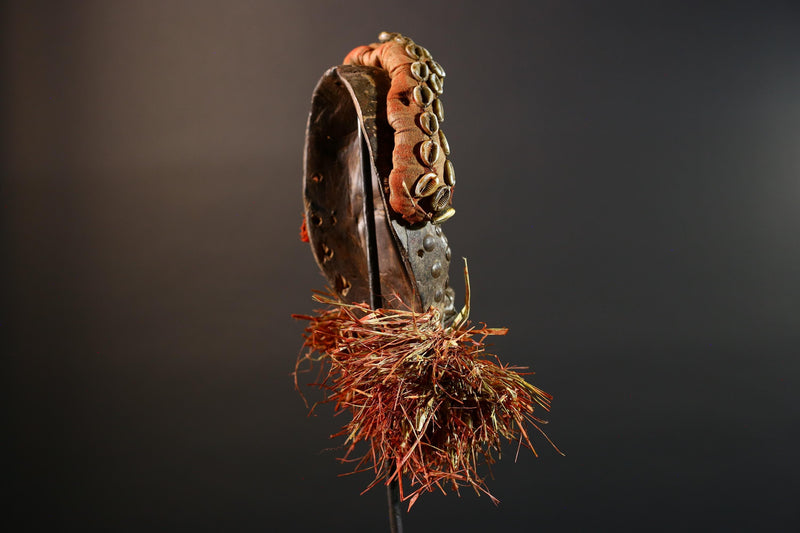 African tribal mask Dan cowrie dotted face raffia beard wall art decorative wood carving home decor cultural accent sculpture vintage-G5676