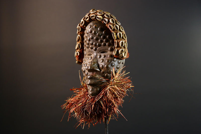 African tribal mask Dan cowrie dotted face raffia beard wall art decorative wood carving home decor cultural accent sculpture vintage-G5676