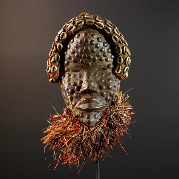 African tribal mask Dan cowrie dotted face raffia beard wall art decorative wood carving home decor cultural accent sculpture vintage-G5676