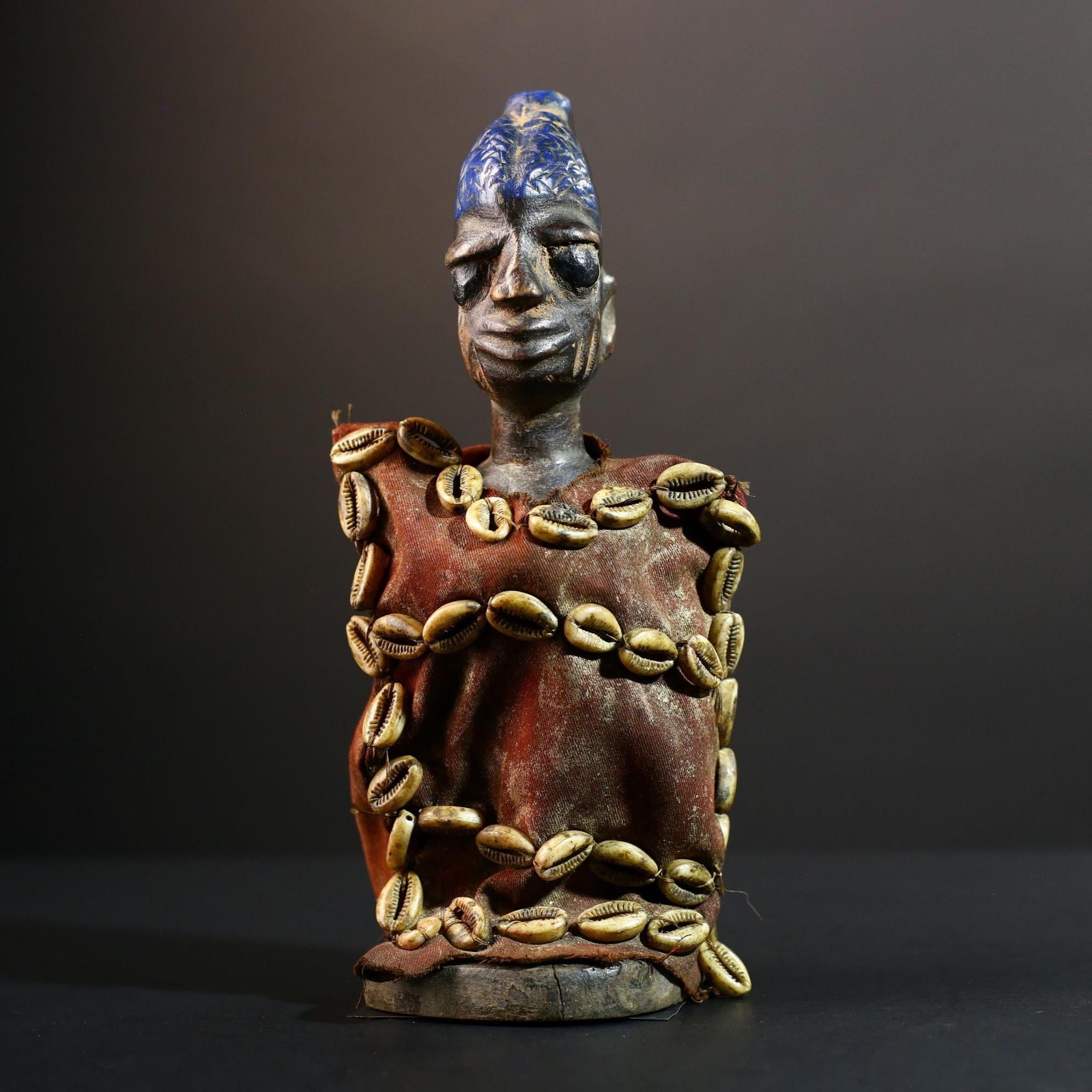 African Cowrie Shell Doll Carved Wood Tribal Fetish Figure Vintage Home Decor Unique Collectible Ethnic Wall Art Cultural Gift-G5683