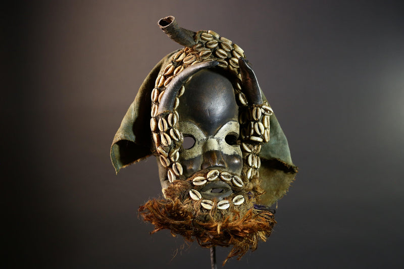 African tribal mask Dan cowrie dotted face raffia beard wall art decorative wood carving home decor cultural accent sculpture vintage-G5676