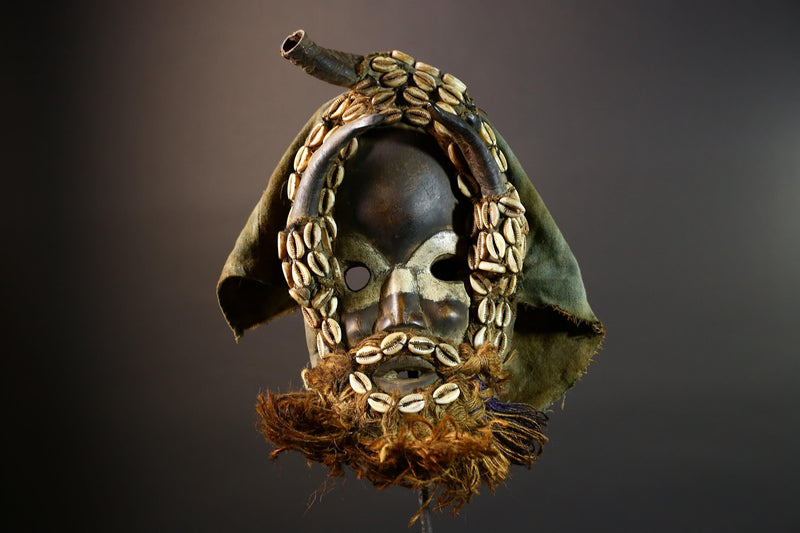 African tribal mask Dan cowrie dotted face raffia beard wall art decorative wood carving home decor cultural accent sculpture vintage-G5676