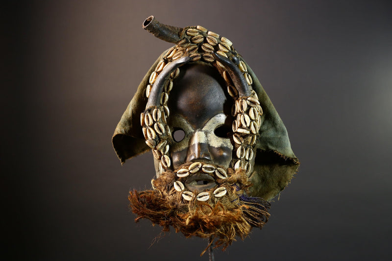 African tribal mask Dan cowrie dotted face raffia beard wall art decorative wood carving home decor cultural accent sculpture vintage-G5676