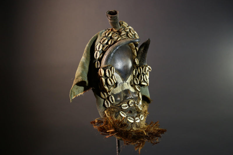 African tribal mask Dan cowrie dotted face raffia beard wall art decorative wood carving home decor cultural accent sculpture vintage-G5676