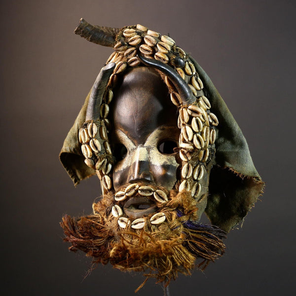 African tribal mask Dan cowrie dotted face raffia beard wall art decorative wood carving home decor cultural accent sculpture vintage-G5676