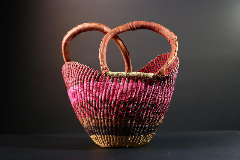 ghana bolga basket market tote handmade woven bag straw african shopping storage decor leather handle vibrant colorful G5556