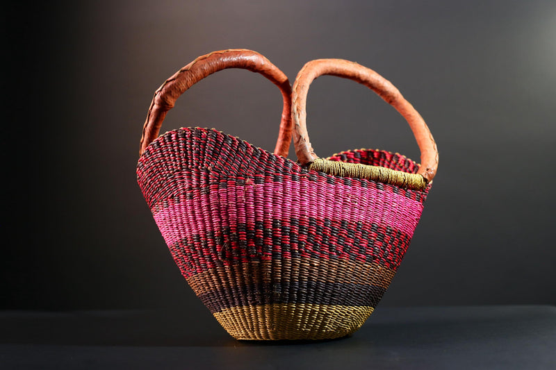 ghana bolga basket market tote handmade woven bag straw african shopping storage decor leather handle vibrant colorful G5556