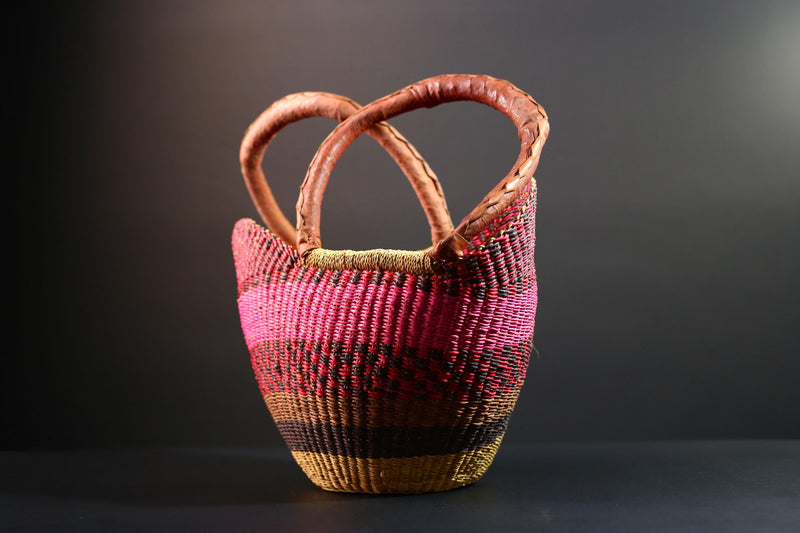 ghana bolga basket market tote handmade woven bag straw african shopping storage decor leather handle vibrant colorful G5556