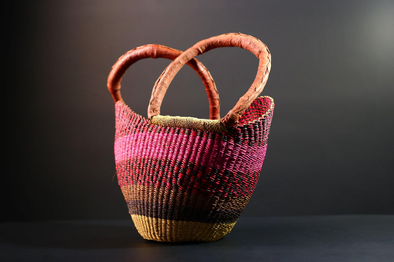 ghana bolga basket market tote handmade woven bag straw african shopping storage decor leather handle vibrant colorful G5556