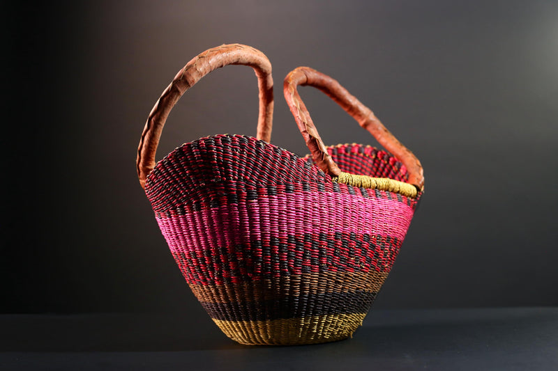 ghana bolga basket market tote handmade woven bag straw african shopping storage decor leather handle vibrant colorful G5556
