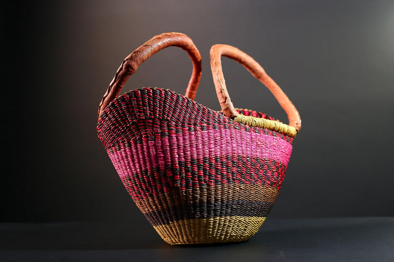 ghana bolga basket market tote handmade woven bag straw african shopping storage decor leather handle vibrant colorful G5556