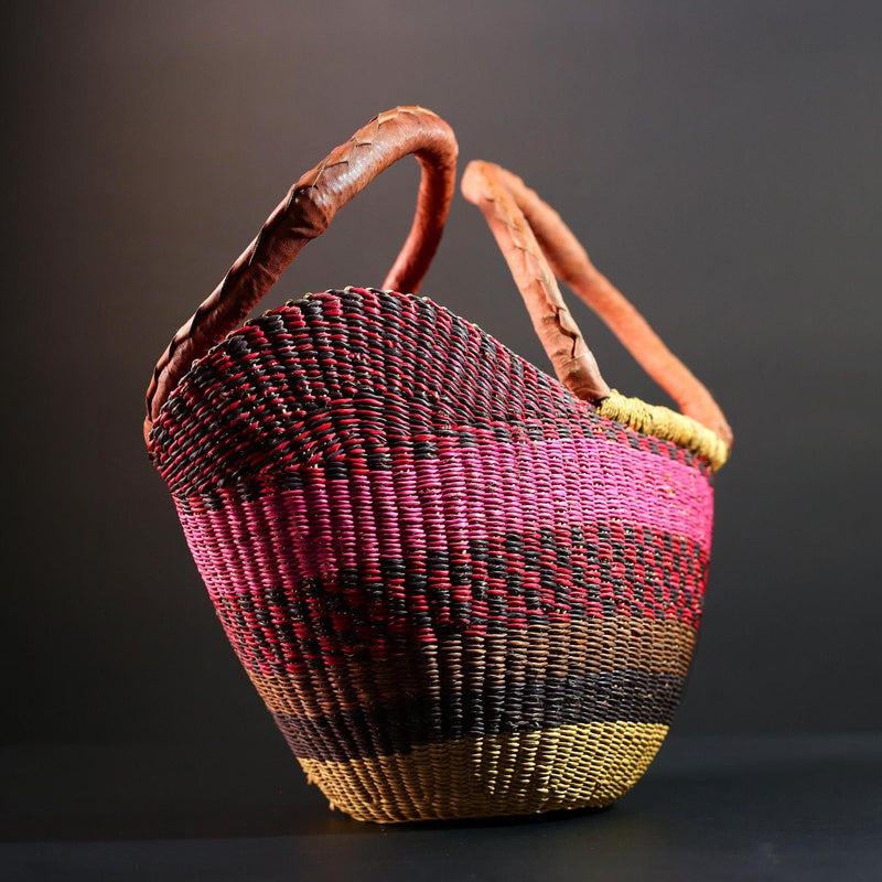 ghana bolga basket market tote handmade woven bag straw african shopping storage decor leather handle vibrant colorful G5556