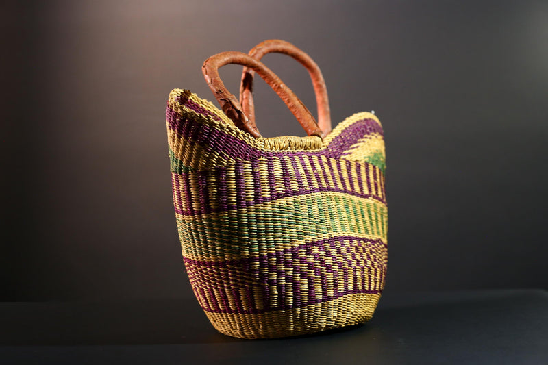 ghana bolga basket market tote handmade woven bag straw african shopping storage decor leather handle vibrant colorful G5557