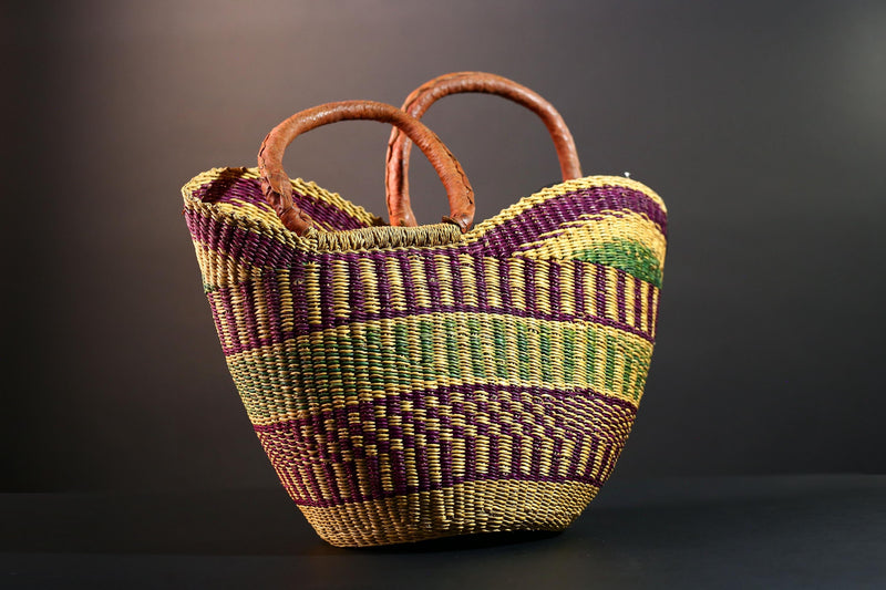 ghana bolga basket market tote handmade woven bag straw african shopping storage decor leather handle vibrant colorful G5557