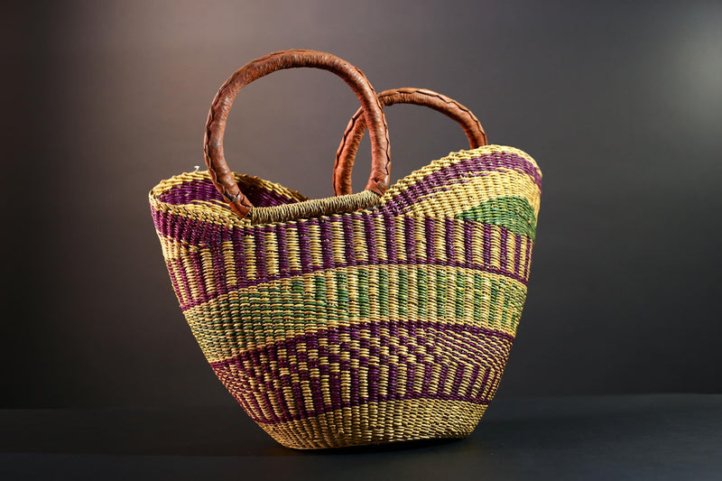 ghana bolga basket market tote handmade woven bag straw african shopping storage decor leather handle vibrant colorful G5557