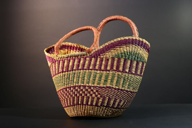 ghana bolga basket market tote handmade woven bag straw african shopping storage decor leather handle vibrant colorful G5557