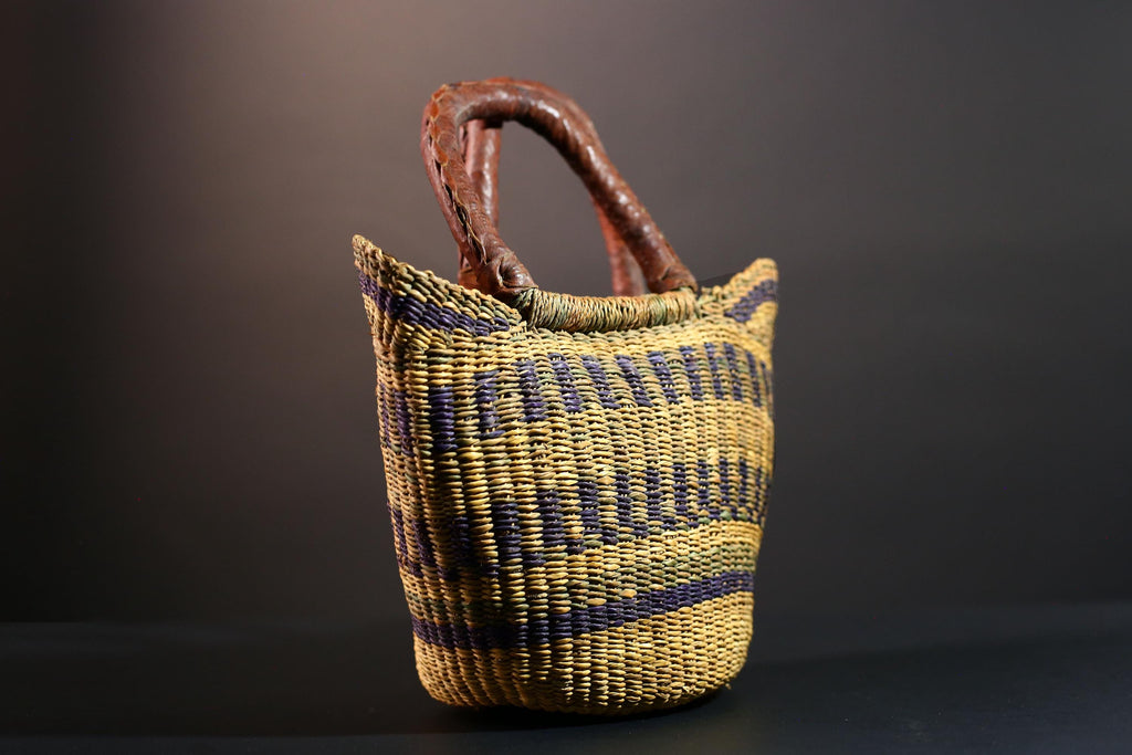 Handwoven African basket with leather handles Bolga market tote natural straw decor tribal woven storage artisan home accent G5558