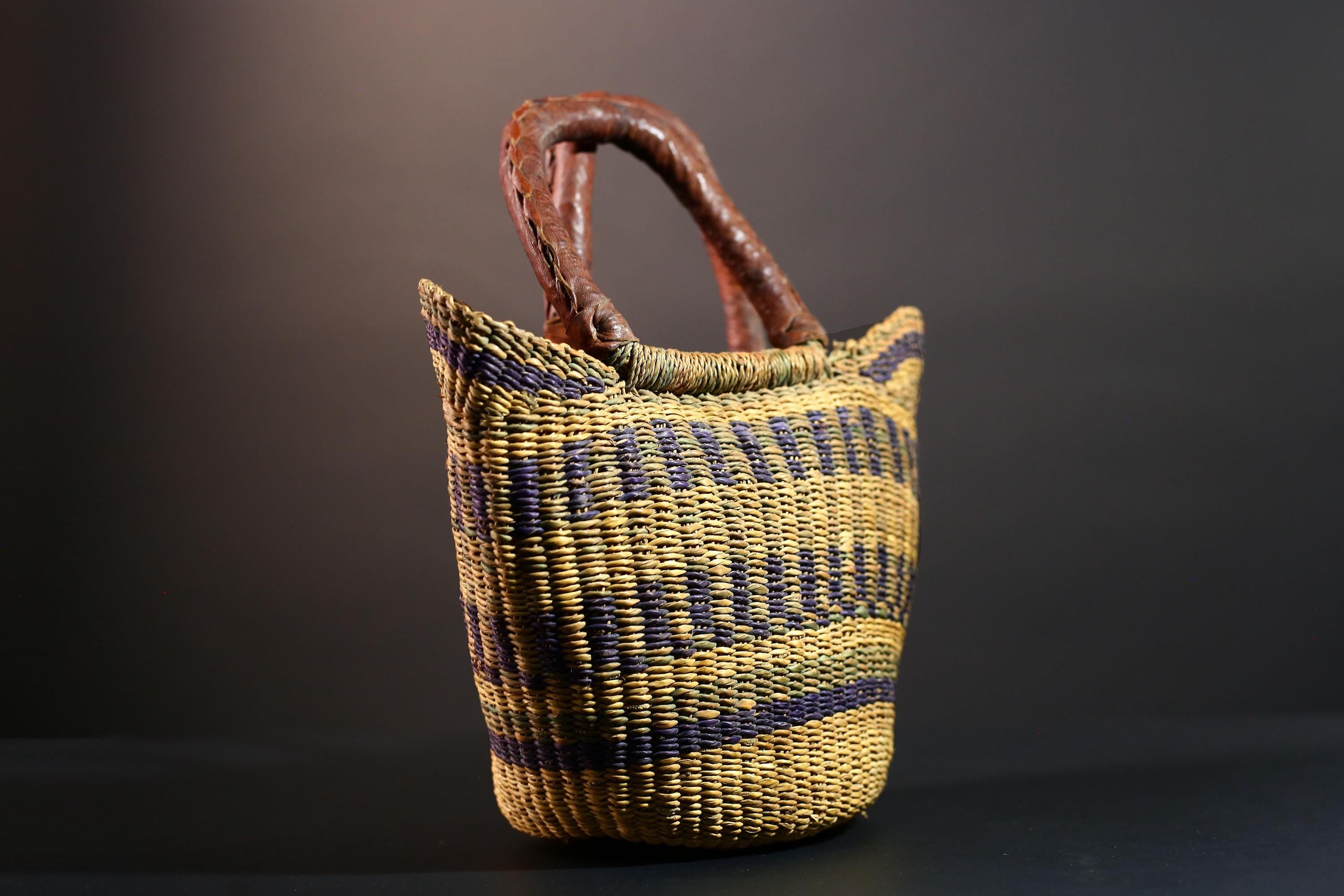 Handwoven African basket with leather handles Bolga market tote natural straw decor tribal woven storage artisan home accent G5558