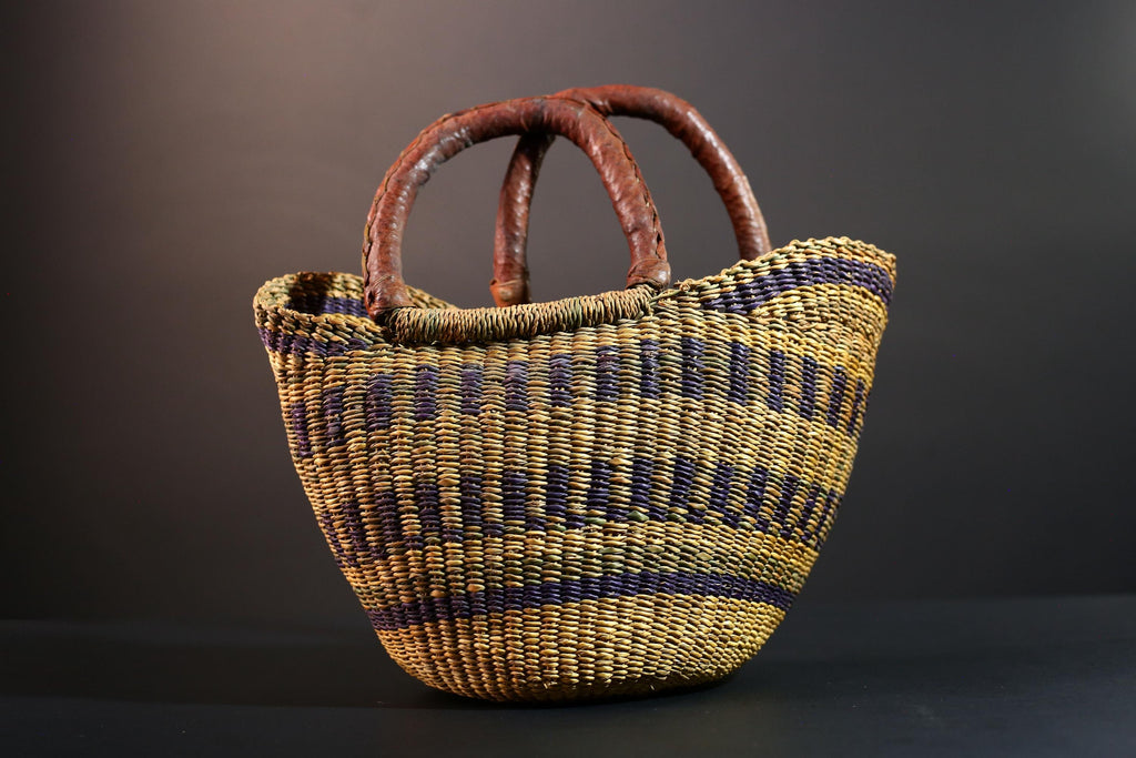 Handwoven African basket with leather handles Bolga market tote natural straw decor tribal woven storage artisan home accent G5558