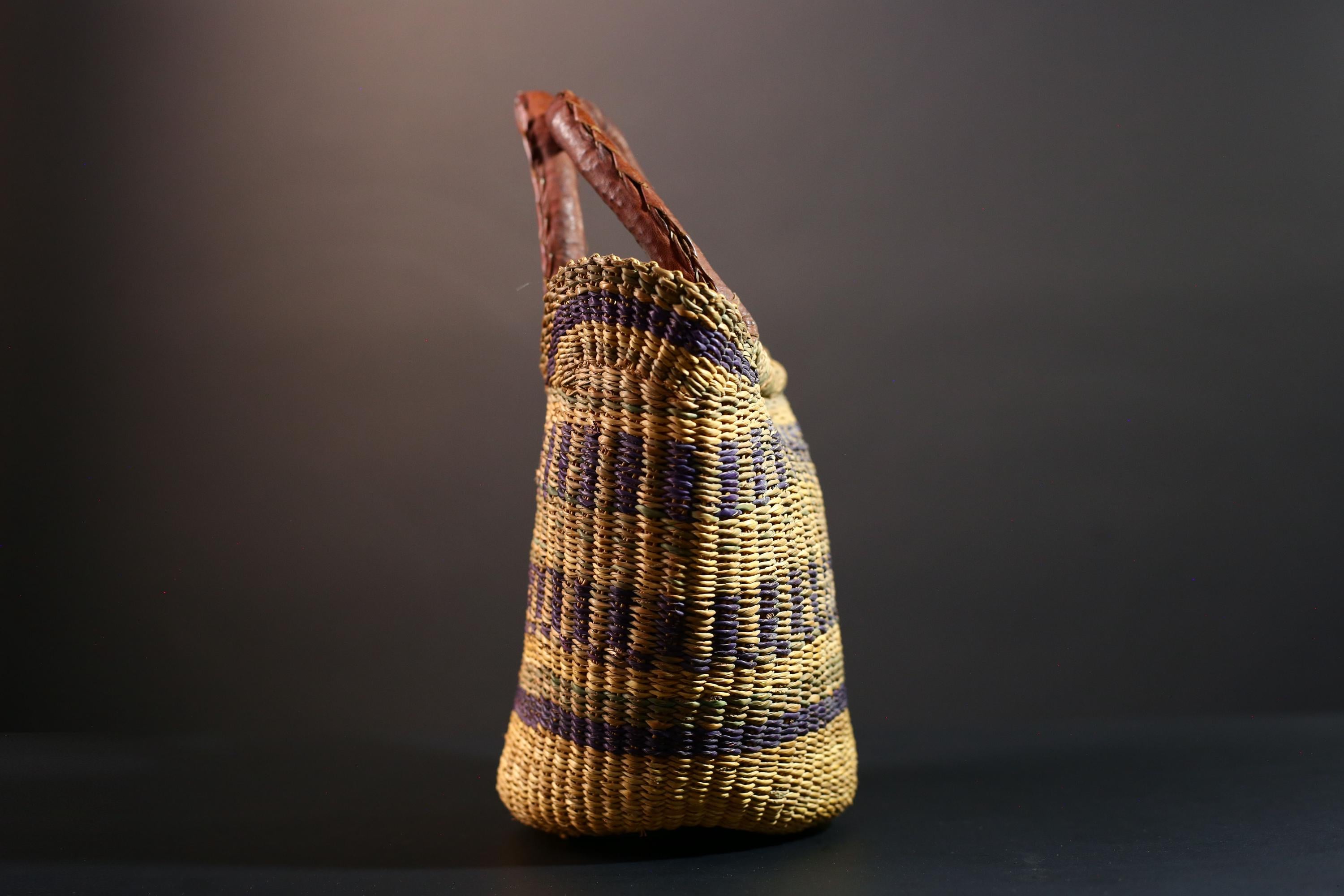 Handwoven African basket with leather handles Bolga market tote natural straw decor tribal woven storage artisan home accent G5558