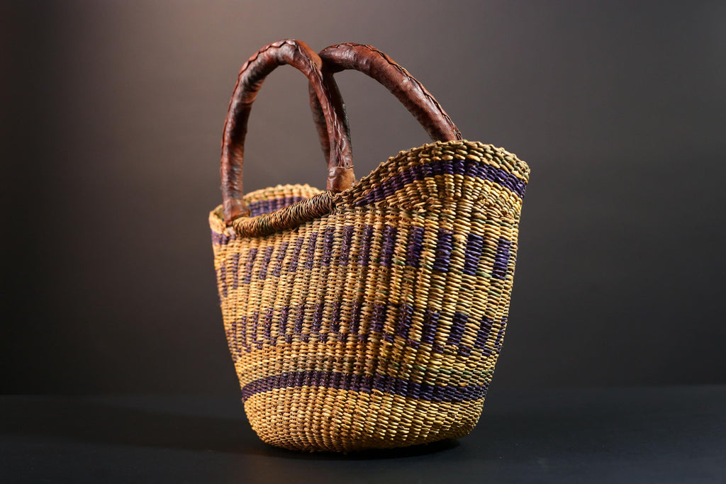 Handwoven African basket with leather handles Bolga market tote natural straw decor tribal woven storage artisan home accent G5558