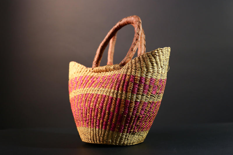 ghana bolga basket market tote handmade woven bag straw african shopping storage decor leather handle vibrant colorful G5559