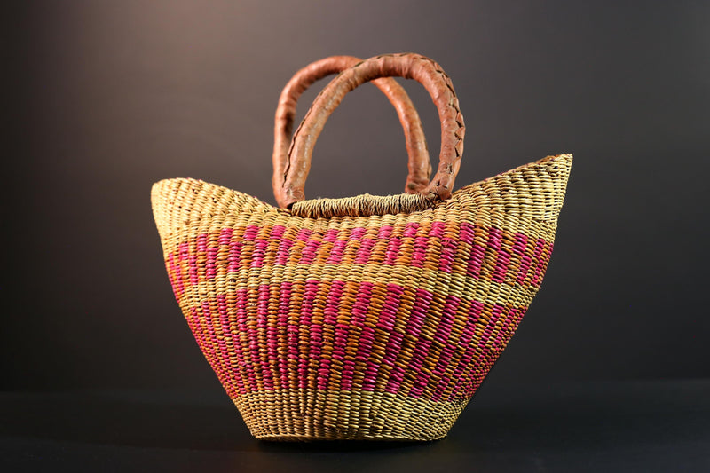 ghana bolga basket market tote handmade woven bag straw african shopping storage decor leather handle vibrant colorful G5559