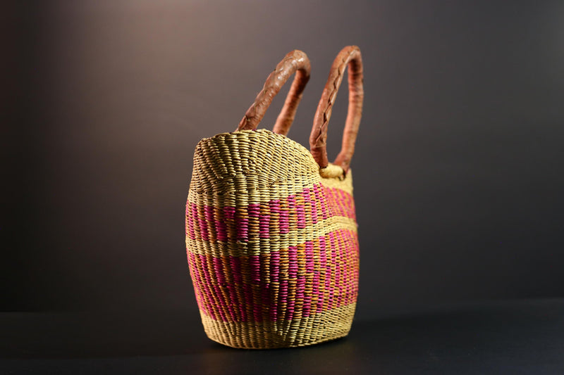 ghana bolga basket market tote handmade woven bag straw african shopping storage decor leather handle vibrant colorful G5559