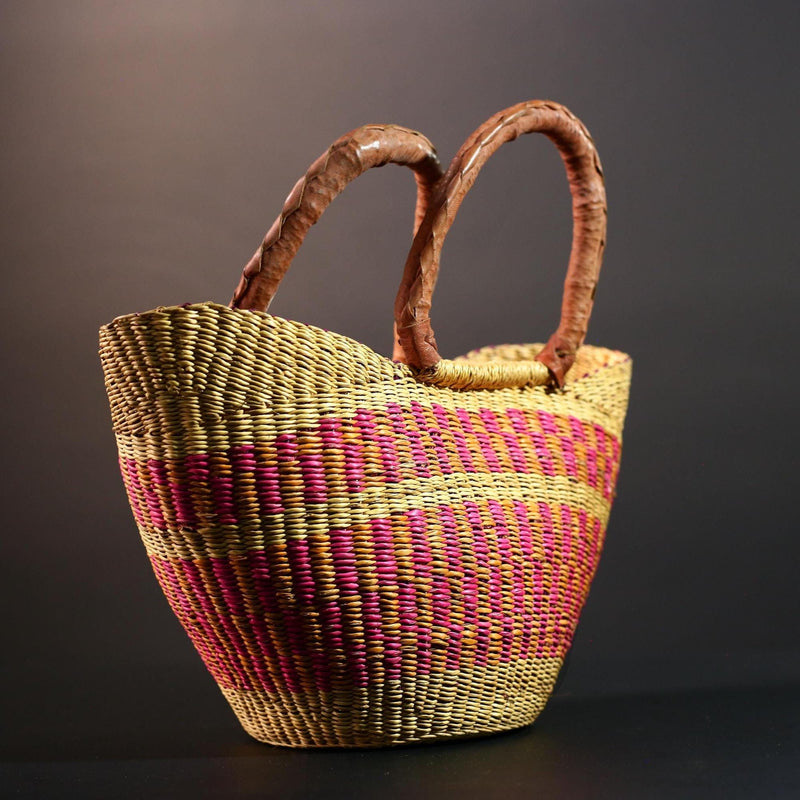 ghana bolga basket market tote handmade woven bag straw african shopping storage decor leather handle vibrant colorful G5559