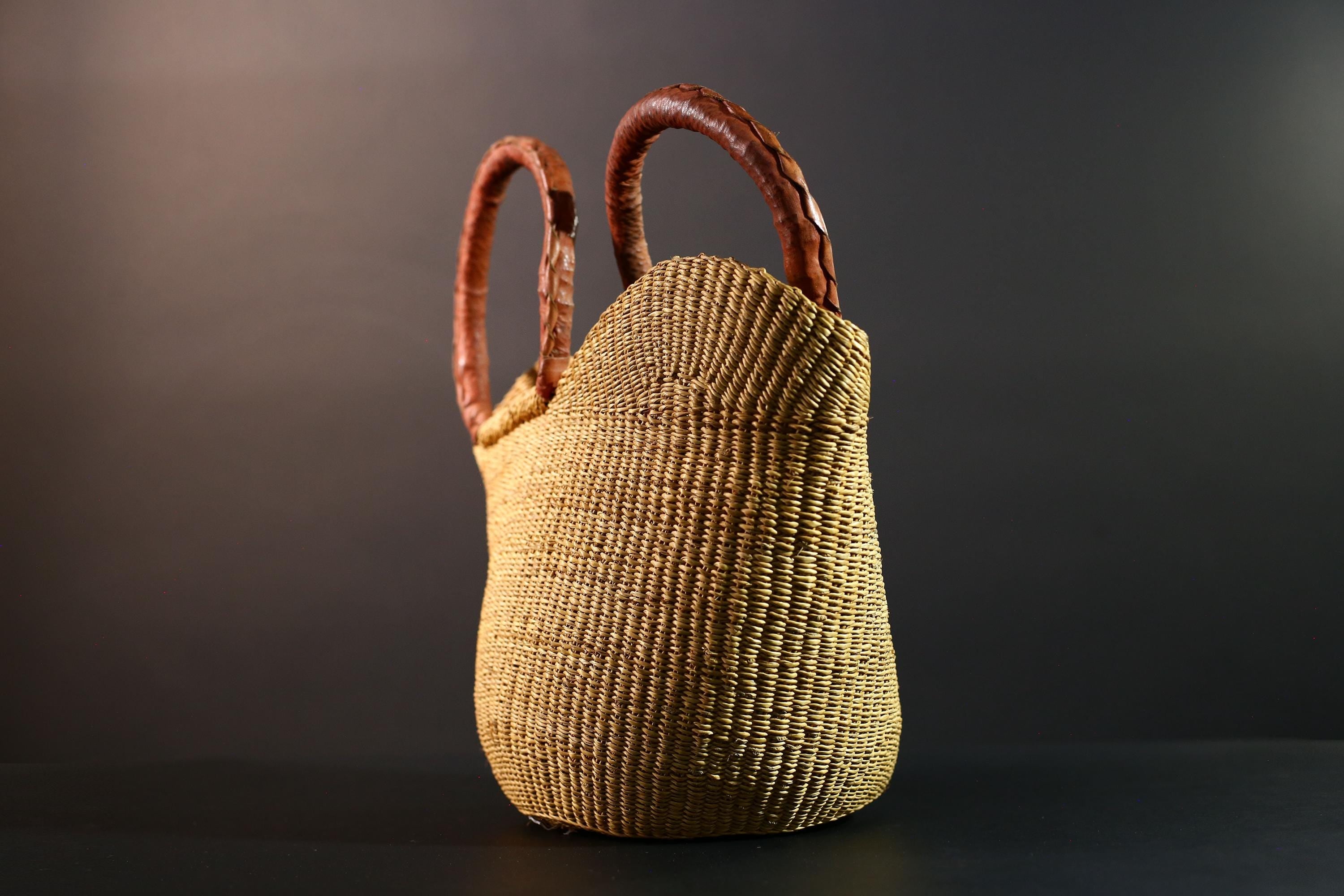African basket with leather handles Bolga storage tote handwoven natural straw decor rustic woven shopper artisan tribal accent G5560