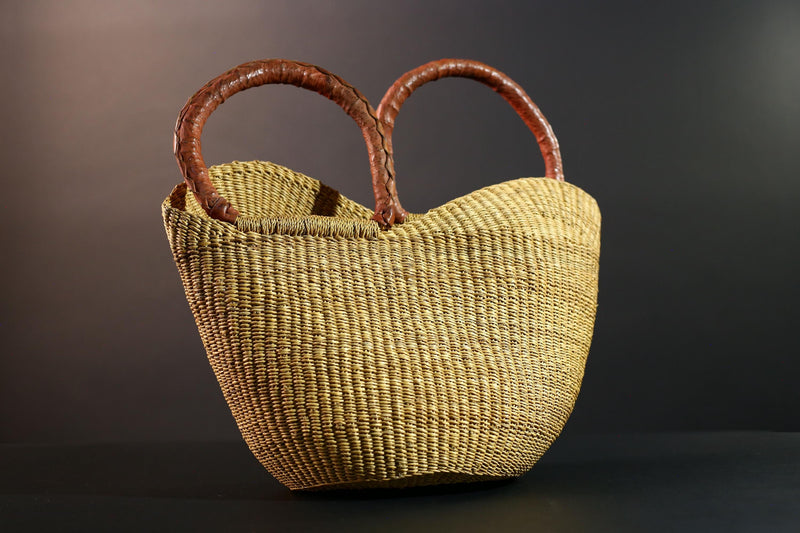 African basket with leather handles Bolga storage tote handwoven natural straw decor rustic woven shopper artisan tribal accent G5560