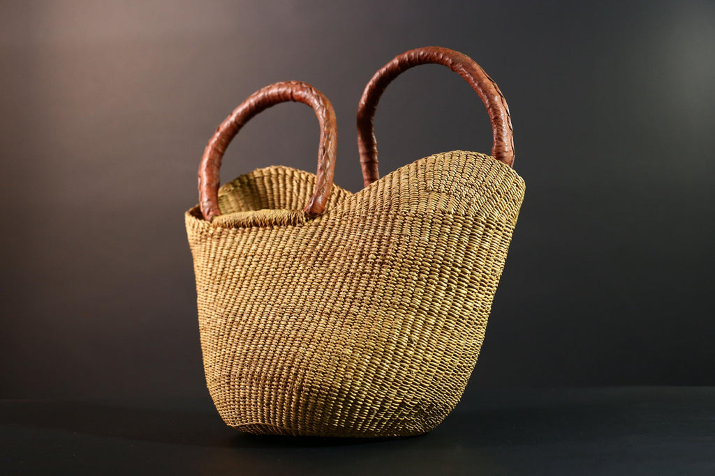 African basket with leather handles Bolga storage tote handwoven natural straw decor rustic woven shopper artisan tribal accent G5560
