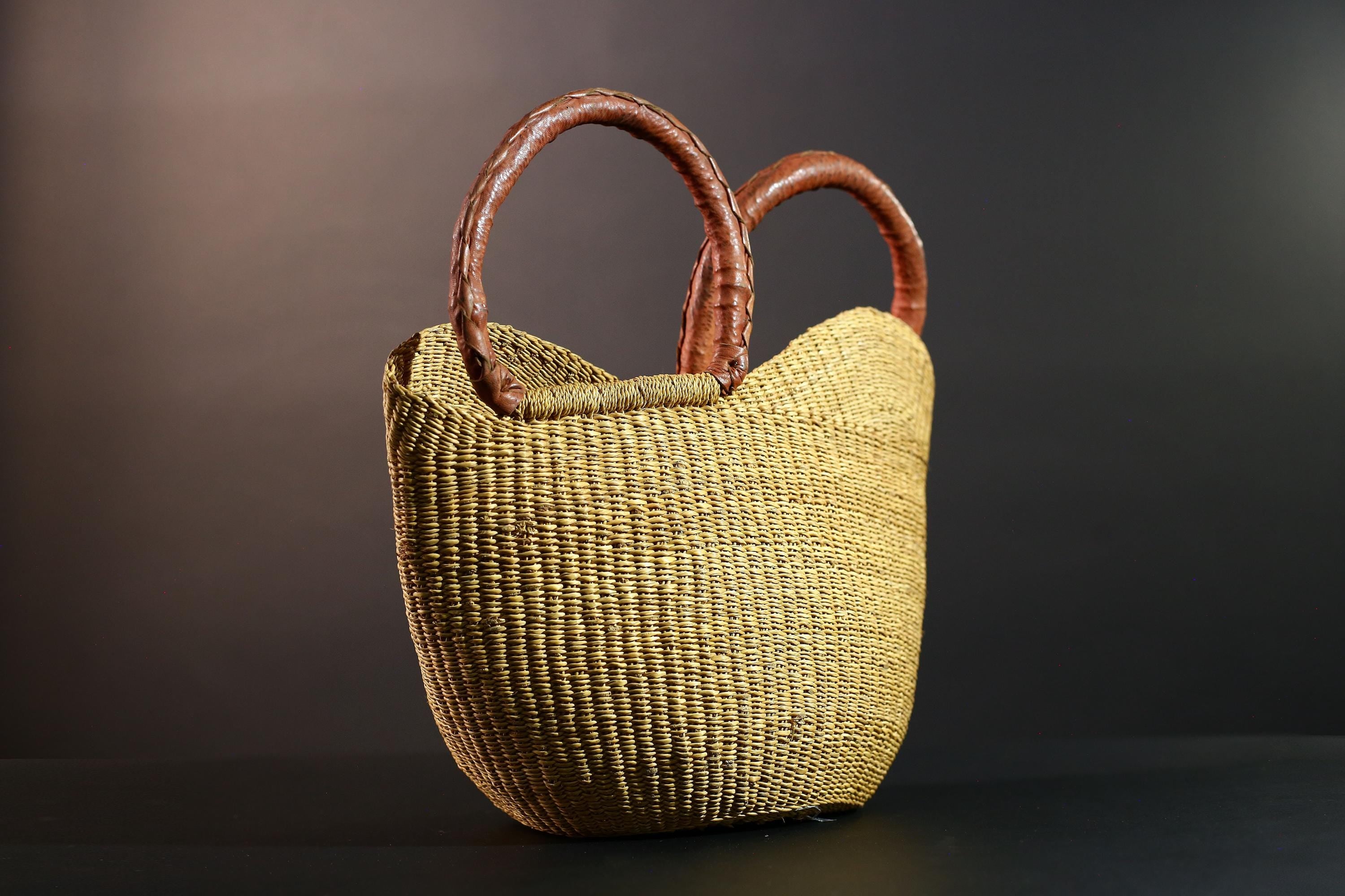 African basket with leather handles Bolga storage tote handwoven natural straw decor rustic woven shopper artisan tribal accent G5560