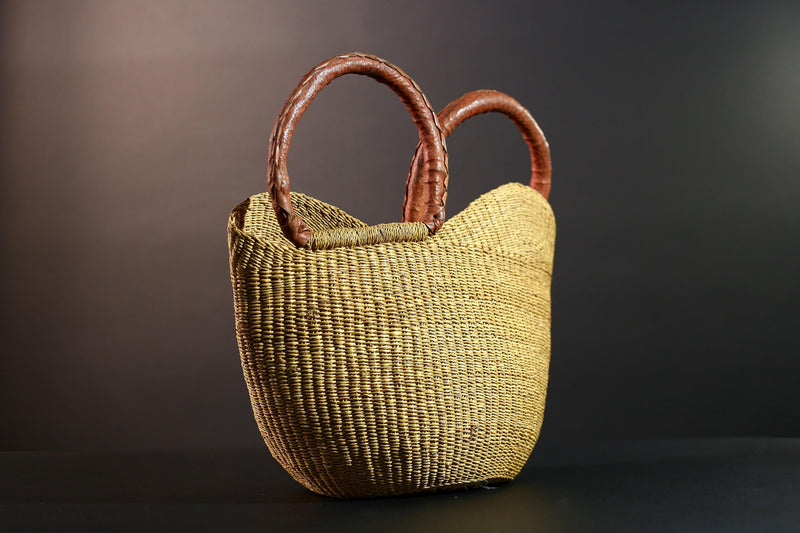 African basket with leather handles Bolga storage tote handwoven natural straw decor rustic woven shopper artisan tribal accent G5560